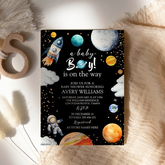 宇宙に浮かぶ星空のベビーシャワー 男の子がやってくる 招待状