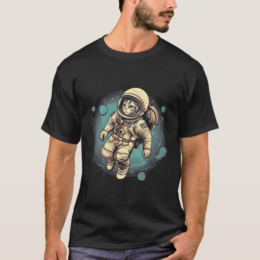宇宙に浮かぶ猫宇宙飛行士 Tシャツ (正面)