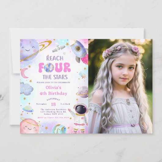 宇宙に達する4つ星の誕生日写真 招待状 (正面)