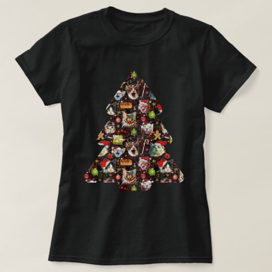 宇宙のおもしろいな木の銀河系のクリスマス猫の頭部 Tシャツ (デザイン正面)