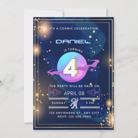 宇宙のお祭り 4歳の誕生日 招待状 (正面)