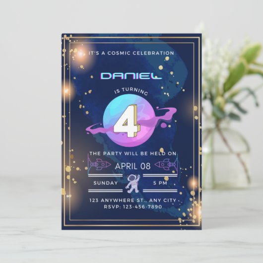 宇宙のお祭り 4歳の誕生日 招待状 (スタンド正面)