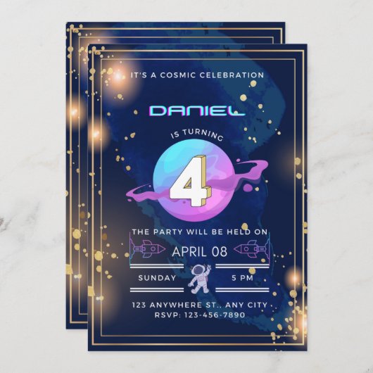 宇宙のお祭り 4歳の誕生日 招待状 (正面/裏面)
