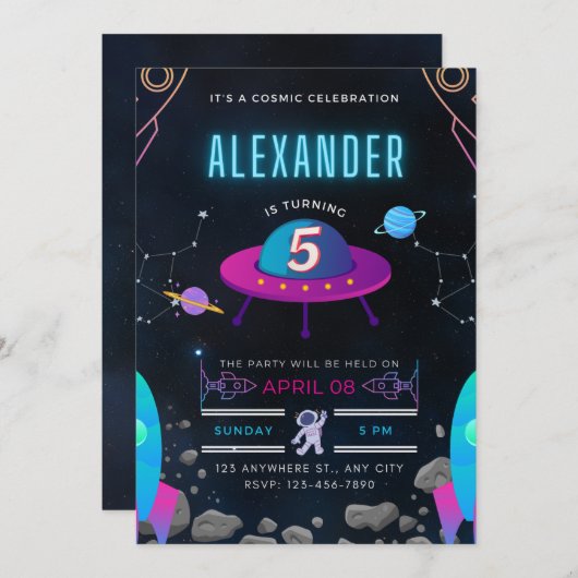 宇宙のお祭り 5歳の誕生日 招待状 (正面/裏面)