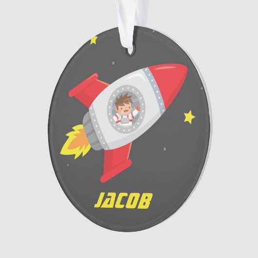 宇宙のかわいい宇宙飛行士の男の子のロケットのオーナメント オーナメント (正面)