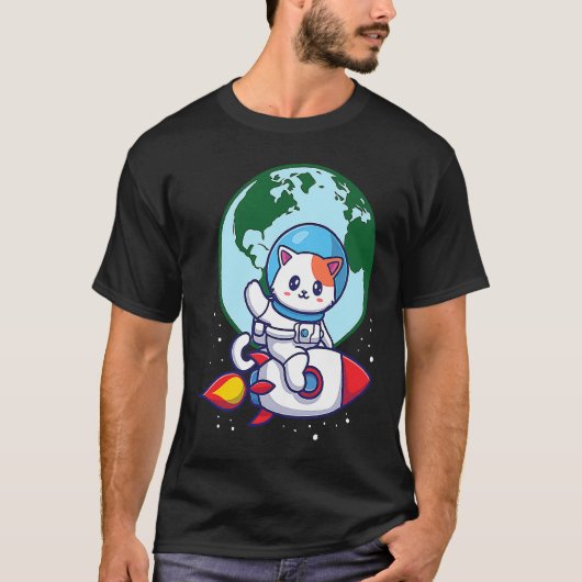 宇宙のかわいい猫、ロケット、地球 Tシャツ (正面)