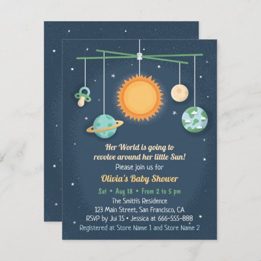 宇宙のまぐさ桶のおもちゃは日曜日のベビーシャワーのまわりで回転します 招待状 (正面/裏面)