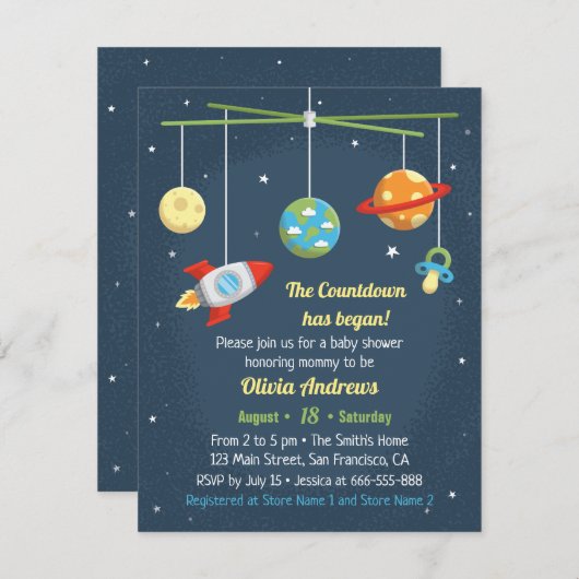 宇宙のまぐさ桶はベビーシャワー招待状をもてあそびます 招待状 (正面/裏面)