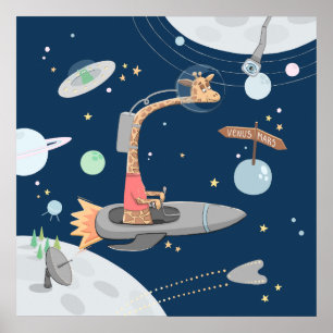 宇宙のキリン。惑星。動物の幼児向け保育園 ポスター