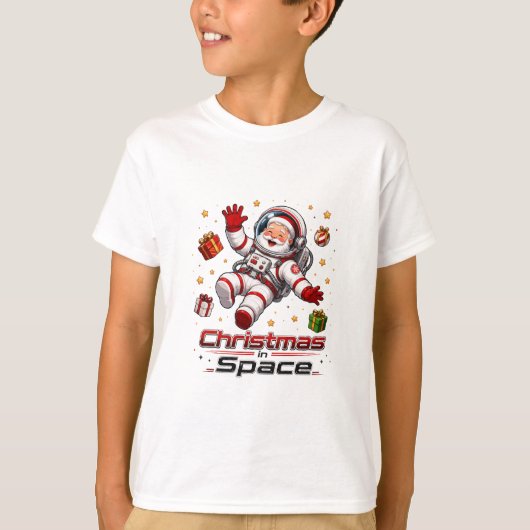 宇宙のクリスマス サンタ宇宙飛行士 かわいいホリデー Tシャツ (正面)