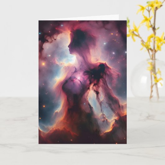 宇宙のシルエット、女性の形の星雲と星 カード (黄色い花)