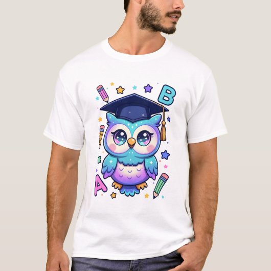 宇宙のスパークルに輝く卒業のフクロウ Tシャツ (正面)