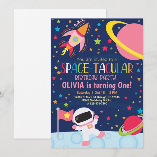 宇宙のスペクタキュラーな女の子の誕生日パーティーの招待状 招待状 (正面/裏面)