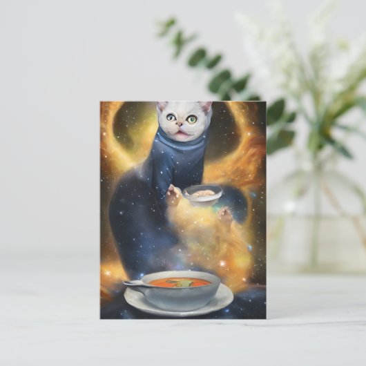 宇宙のスープ食べ物AIアートの中の長老猫 ポストカード (スタンド正面)