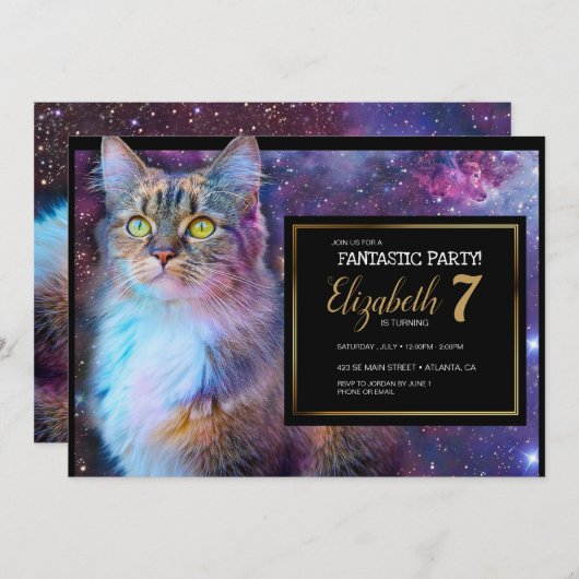 宇宙のパープルキャットパーティー招待状 招待状 (正面/裏面)