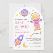 宇宙のピンクの女の子宇宙飛行士アーチベビーシャワー 招待状 (正面)