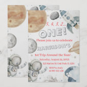 宇宙のファーストバースデー招待状 水彩 招待状 (正面/裏面)