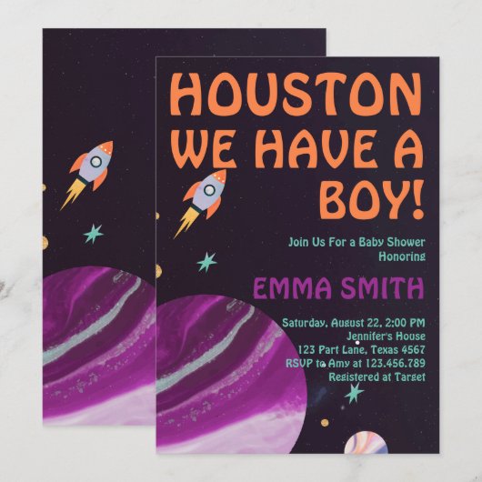 宇宙のボーイベビーシャワー Houston We Have A Boy 招待状 (正面/裏面)