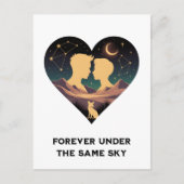 宇宙のラブストーリー ハートと恋人と狐のアート ポストカード (正面)
