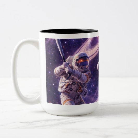 宇宙のリングで野球をする3人の宇宙飛行士 ツートーンマグカップ (左)