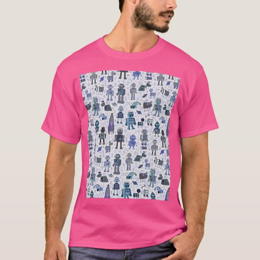宇宙のロボット – 青と灰色 – おもしろいパターン Tシャツ (正面)