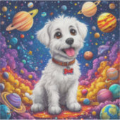 宇宙の中のかわいいキャラクター犬 シール (正面)