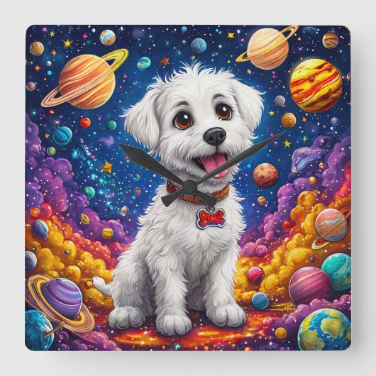 宇宙の中のかわいいキャラクター犬 スクエア壁時計 (正面)