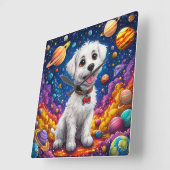 宇宙の中のかわいいキャラクター犬 スクエア壁時計 (傾斜)