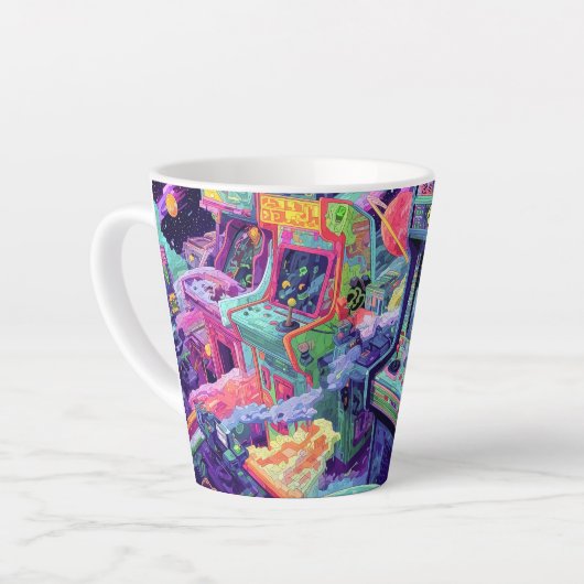 宇宙の中のレトロアーケードマシン カフェラテマグ (左アングル)