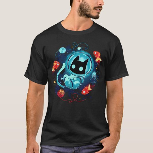 宇宙の冒険者 - 宇宙に浮かぶ猫 Tシャツ (正面)