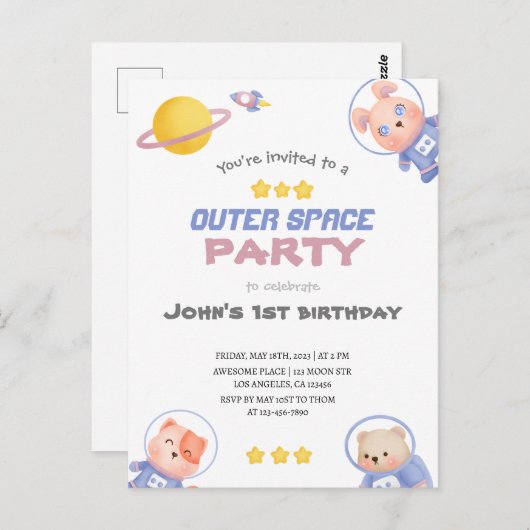 宇宙の冒険:宇宙パーティー ポストカード (正面/裏面)