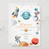 宇宙の冒険 水彩 宇宙 誕生日 招待状 (正面)