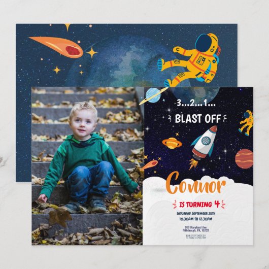 宇宙の写真 - 誕生日パーティーの招待状（年齢不問） 招待状 (正面/裏面)
