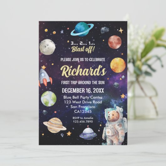 宇宙の初めての旅のまわりに日誕生日 招待状 (スタンド正面)
