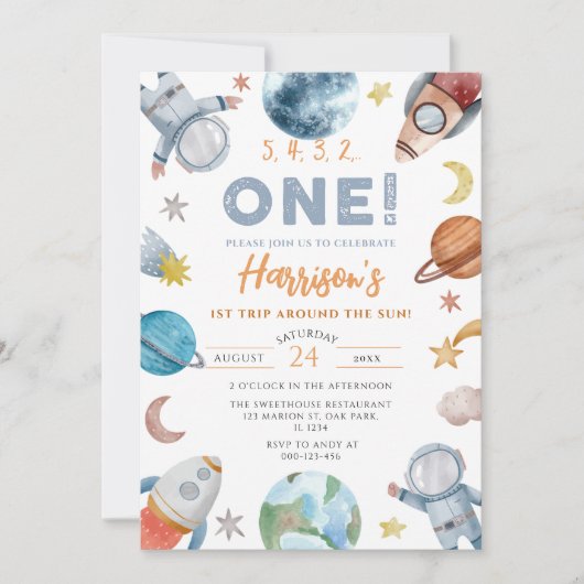 宇宙の初めての旅のまわりに日誕生日 招待状 (正面)