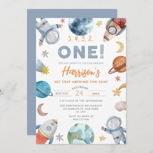 宇宙の初めての旅のまわりに日誕生日 招待状 (正面/裏面)