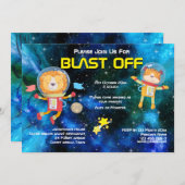 宇宙の動物 宇宙飛行士 ロケット船 銀河 星 招待状 (正面/裏面)