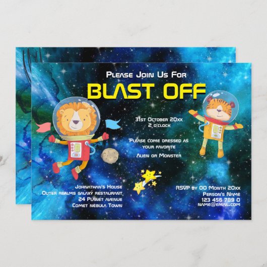 宇宙の動物 宇宙飛行士 ロケット船 銀河 星 招待状 (正面/裏面)