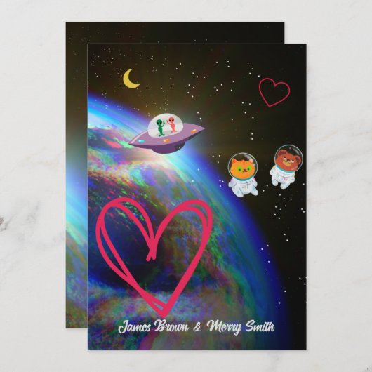 宇宙の地球の恋する宇宙飛行士たちのウェディング 招待状 (正面/裏面)