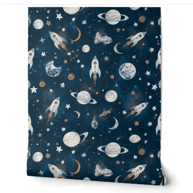 宇宙の壁紙｜赤ちゃん部屋のアクセントウォール 壁紙 (ほどく)