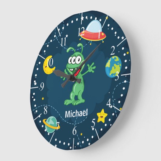 宇宙の外国モンスターのイラストレーションの漫画 ラージ壁時計 (傾斜)