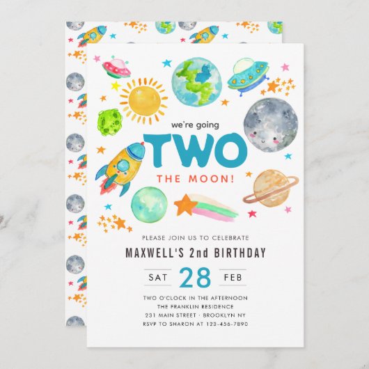 宇宙の外2月2日誕生日の宇宙船 招待状 (正面/裏面)