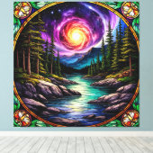 宇宙の夜空の下の森林の流れ キャンバスプリント (インサイチュ (ウッドフロア))