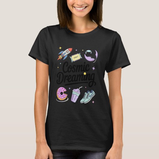 宇宙の夢を見る宇宙猫月ロケット星の軌道 Tシャツ (正面)