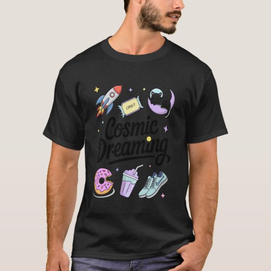 宇宙の夢を見る スペースキャット 月 ロケット 星 軌道 Tシャツ (正面)