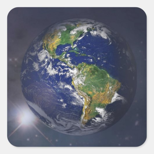 宇宙の太陽の上に昇る惑星の地球 スクエアシール (正面)