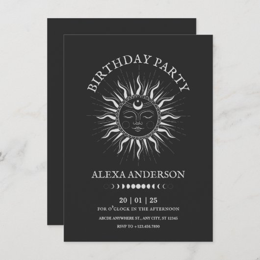 宇宙の太陽タロット神秘的な誕生日 招待状 (正面/裏面)