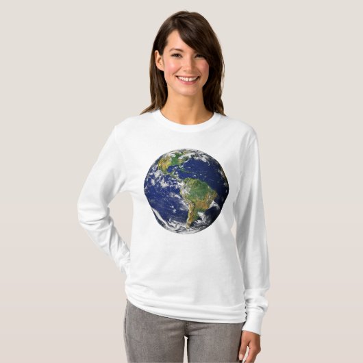 宇宙の女性の長袖からの惑星の地球 Tシャツ (正面フル)