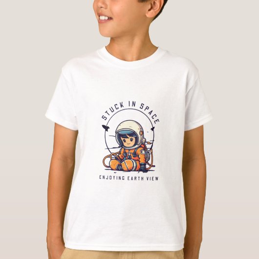 宇宙の子供が宇宙の地球ビューおもしろいパーティーにスタック Tシャツ (正面)