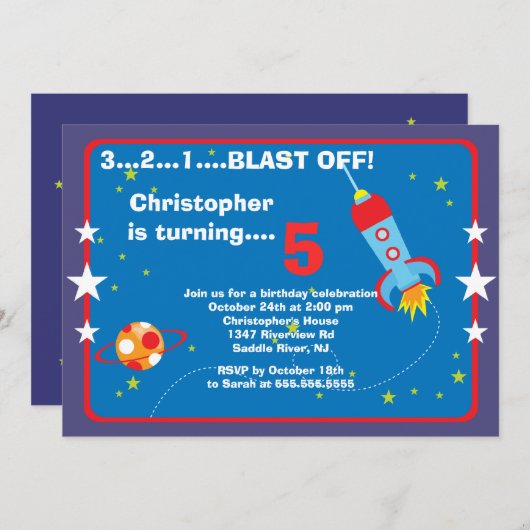 宇宙の子供の誕生日のパーティの招待状 招待状 (正面/裏面)